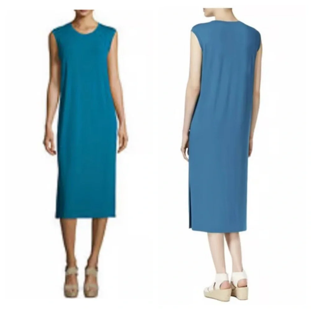 NWT! EILEEN FISHER Jewel Blue Stretch Viscose Jersey Cap Sleeve Shift Midi Dress